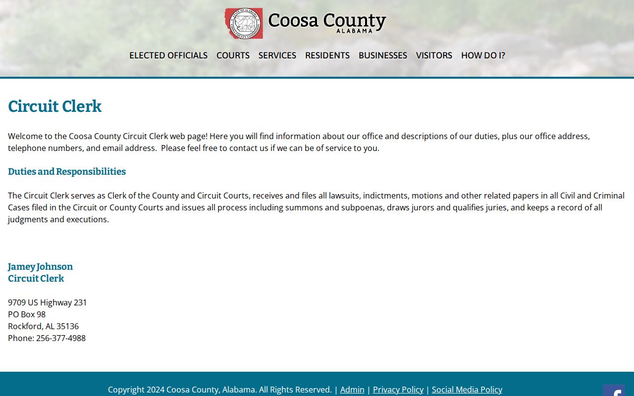 Coosa County Circuit Clerk records contact page