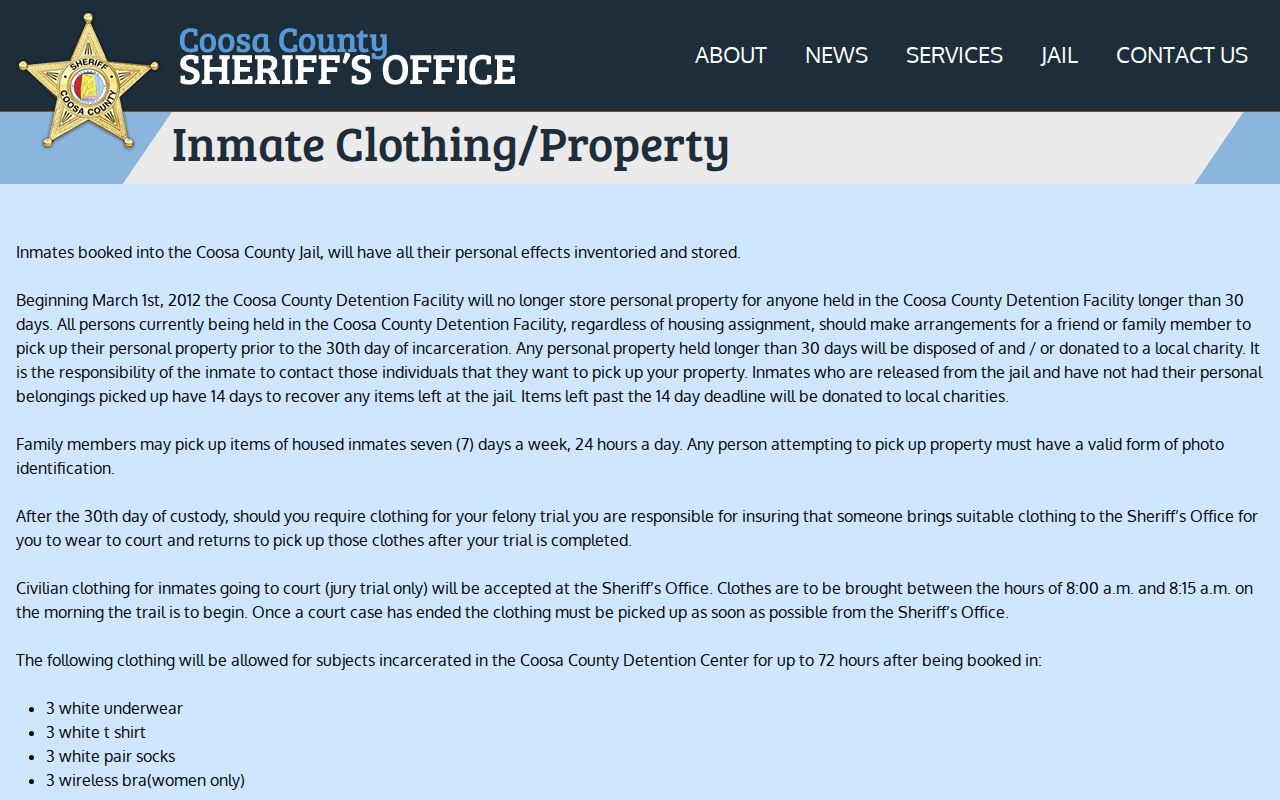 Coosa County inmate clothing and property rules page