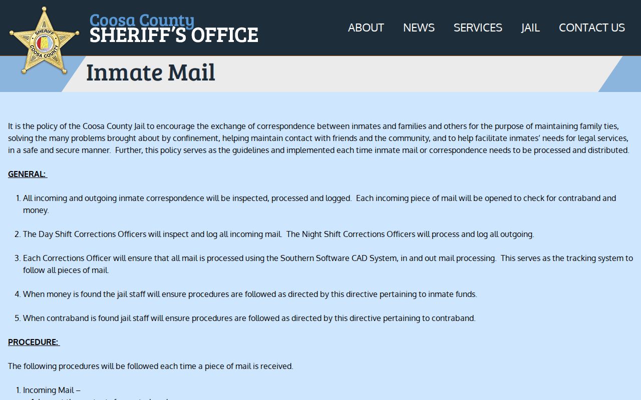 Coosa County inmate mail policy page