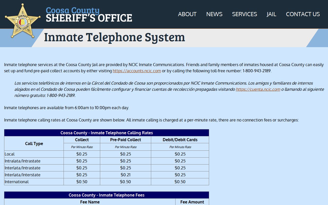 Coosa County inmate telephone system page