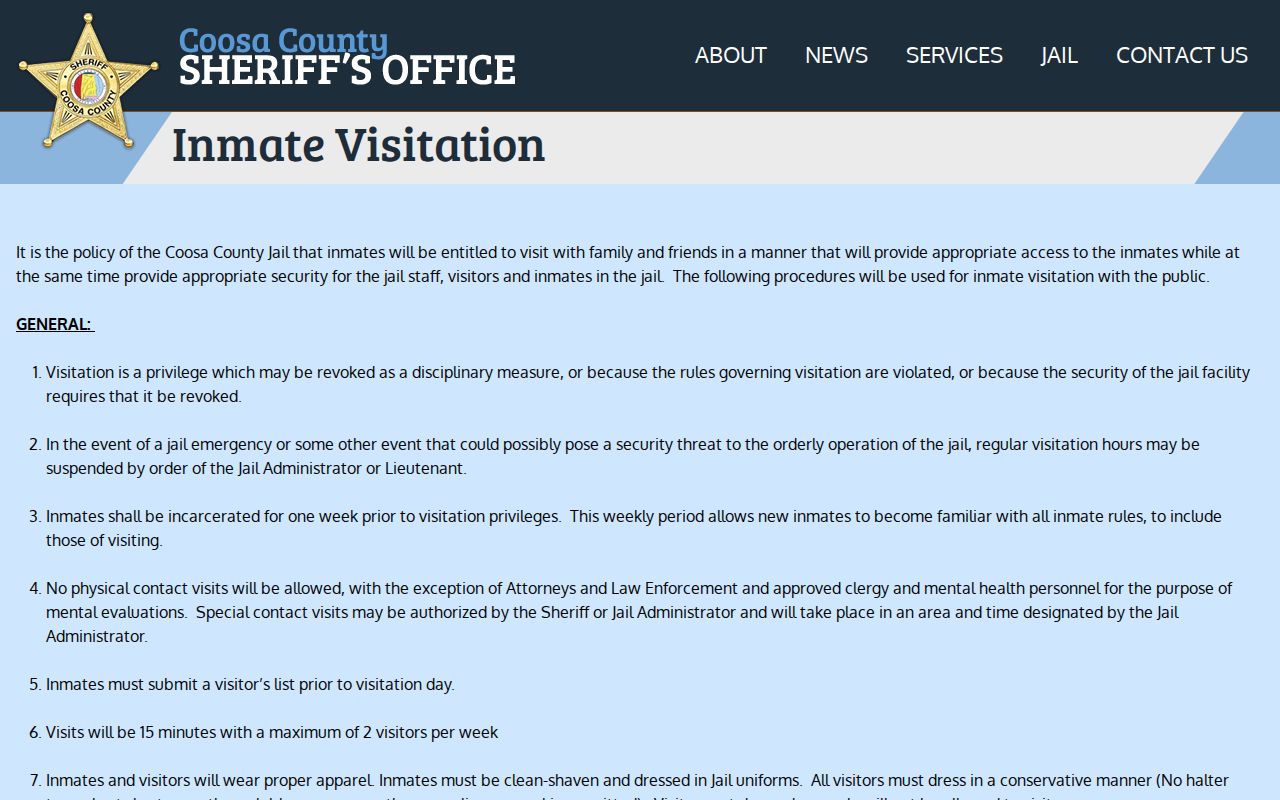 Coosa County inmate visitation rules page