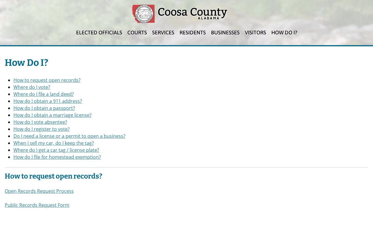 Coosa County FAQ page with marriage information