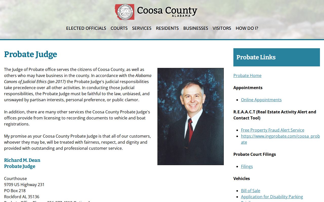 Coosa County Probate Judge contact page