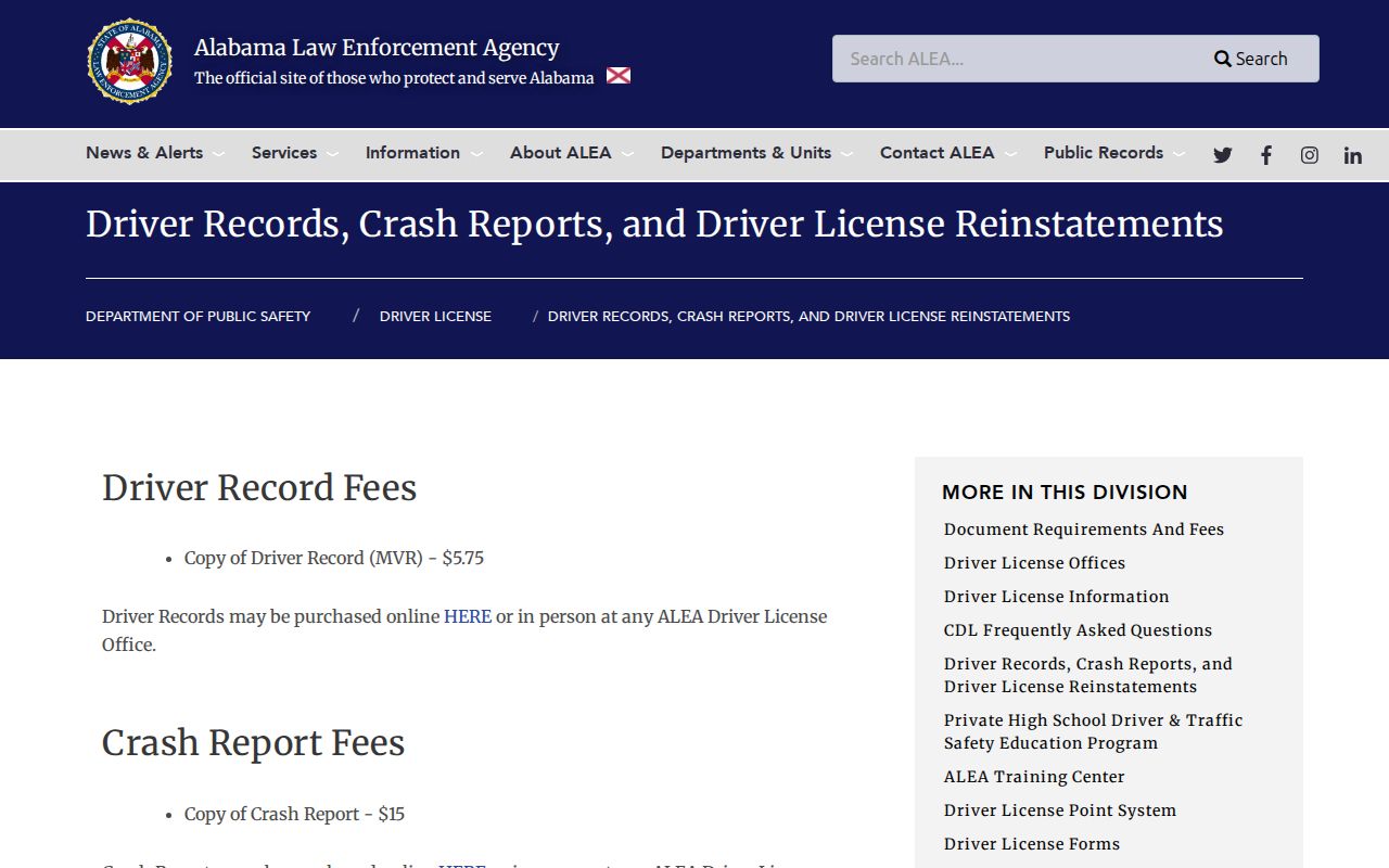 ALEA driver records and crash reports page